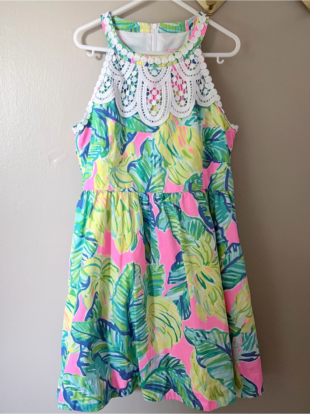 Lilly Pulitzer Girls Halter Dress Size 10 Pink Green Yellow Palm Lace
